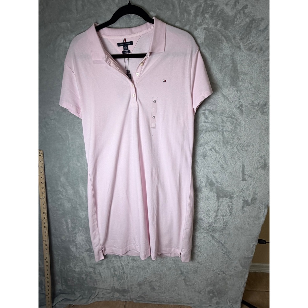TOMMY HILFIGER Polo Dress Women XL Pink Slim Fit Short Sleeve Preppy Logo NWT